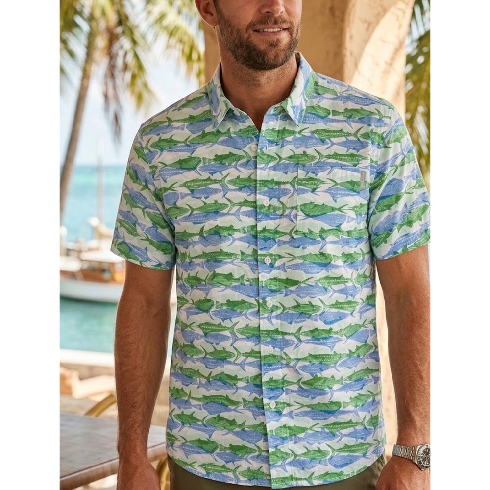 Columbia PFG Mens Short Sleeve Fishing Shirt Blue Green Fish Print Large
